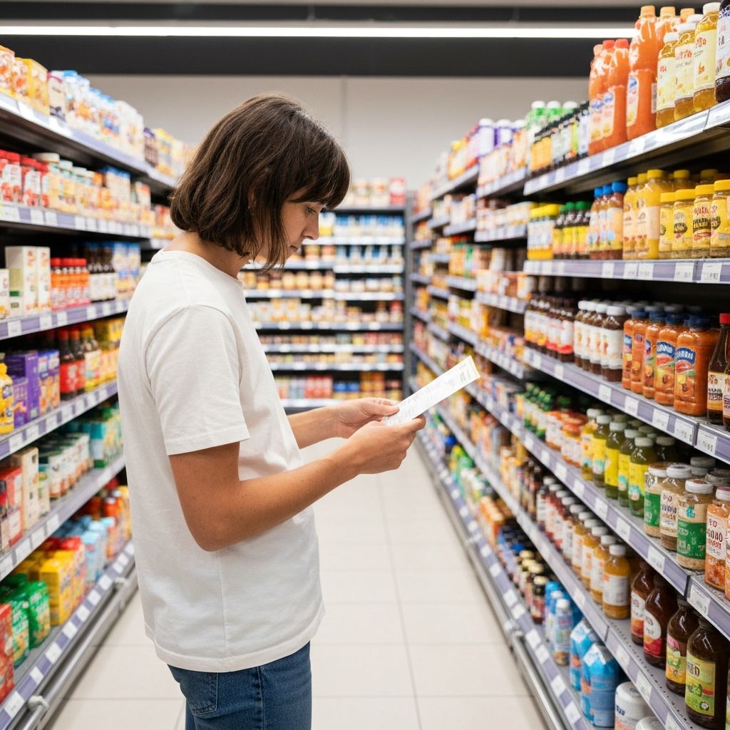 Henkilö lukee tuotetietoa kaupan hyllyllä rauhallisesti